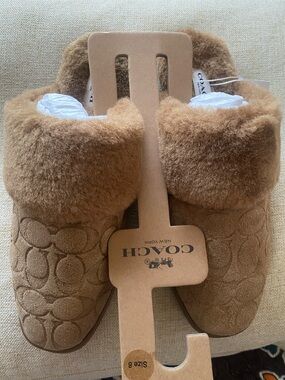 Coach Suede Logo Clog Slippers in Chestnut Brown
